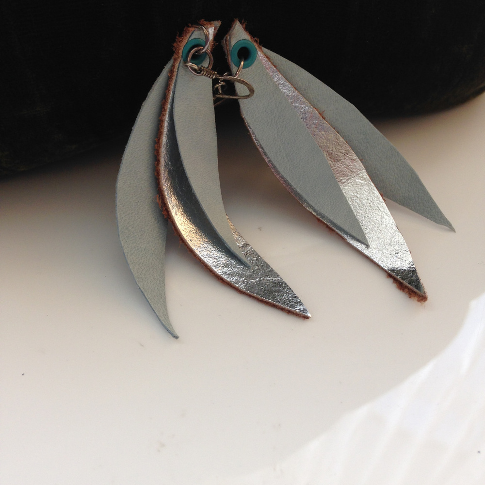 One of a kind NWT Silver and  blueLeather earrings